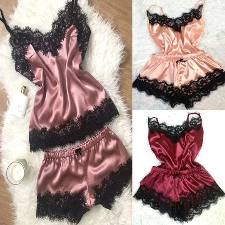 Lace Satin 2-Piece Pajama Set – Sexy V-Neck Strap Vest & Matching Sleep Shorts for Women