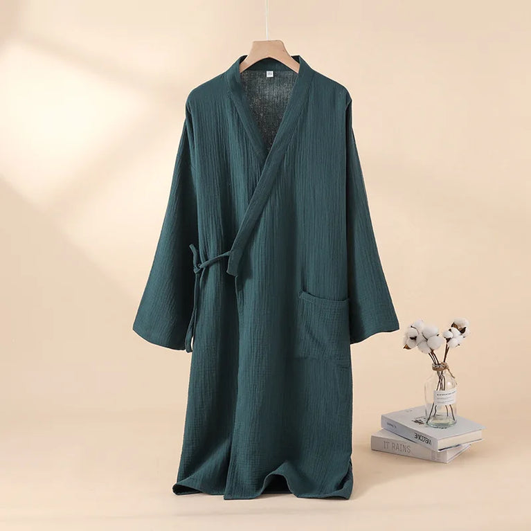2026 Japanese Style 100% Cotton Crepe Robe – Breathable Summer Couple’s Kimono Bathrobe & Thin Sleeping Gown
