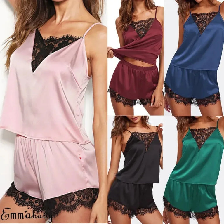 Ice Silk Pajama Set | V-Neck Cami & Lace Shorts