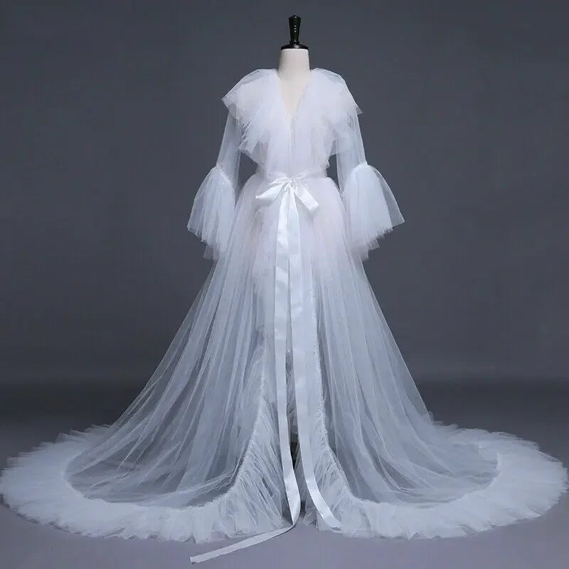 Sheer Tulle Maxi Robe | Layered Ruffle Floor Gown