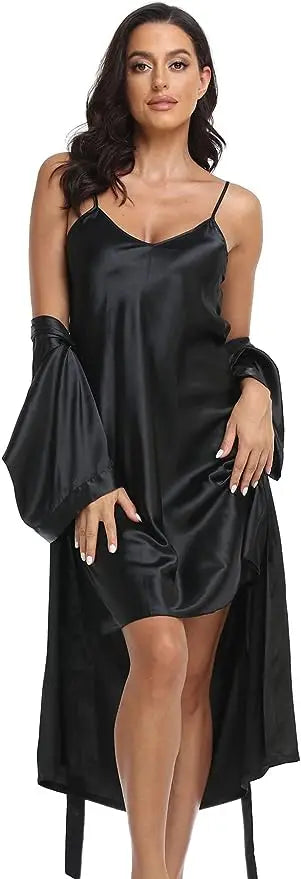 2pc Silk Pajama Set | Satin Robe & Chemise Nightgown