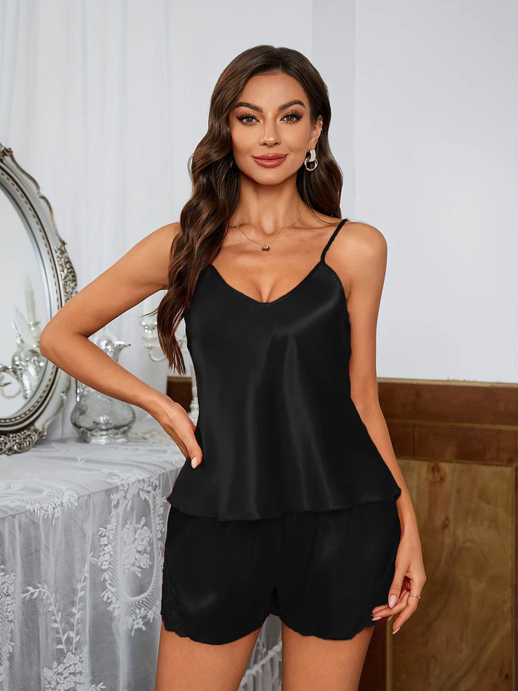 Women’s Luxury Satin Pajama Set | Sexy Deep V Lace Cami
