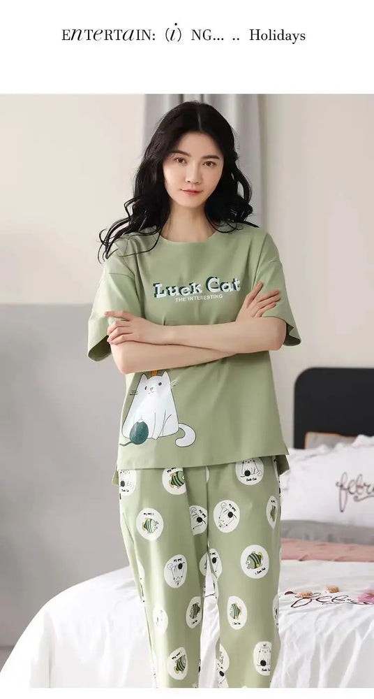 Women’s Milk Silk Pajama Set | Cute Cartoon Calf-Length Pants