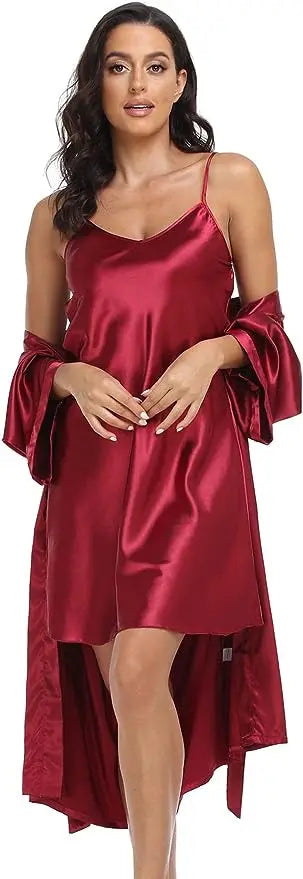 2pc Silk Pajama Set | Satin Robe & Chemise Nightgown