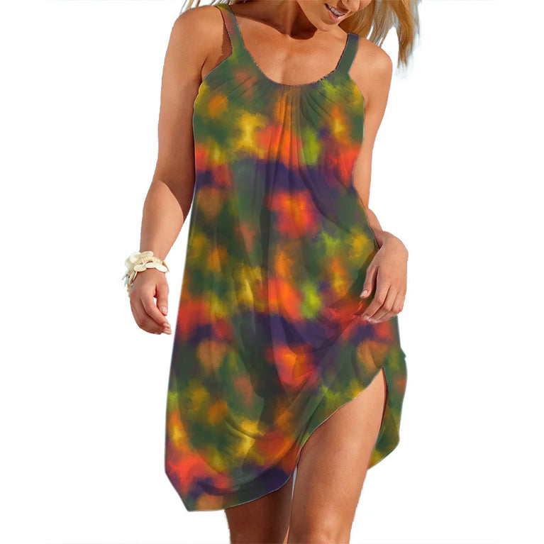 Elegant Tie Dye A-Line Slip Dress Sleeveless Casual Summer Knee-Length Outfit