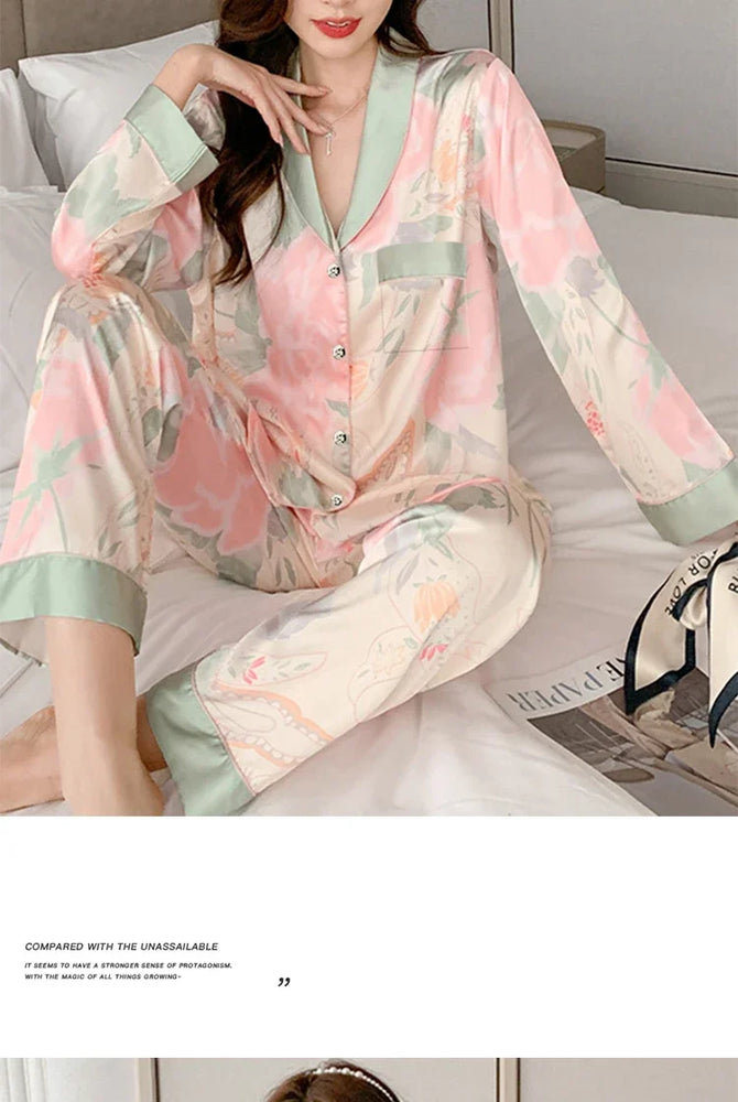Women’s Floral Faux Silk Pajamas | 2-Piece Lapel Lounge Set