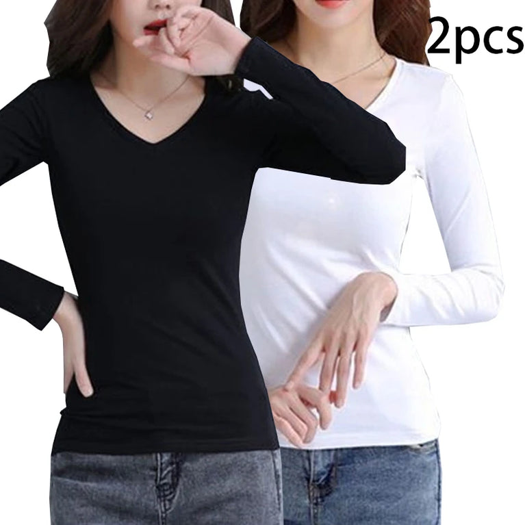 2-Pack Women’s V-Neck Thermal Tops | Slim-Fit Autumn Layer