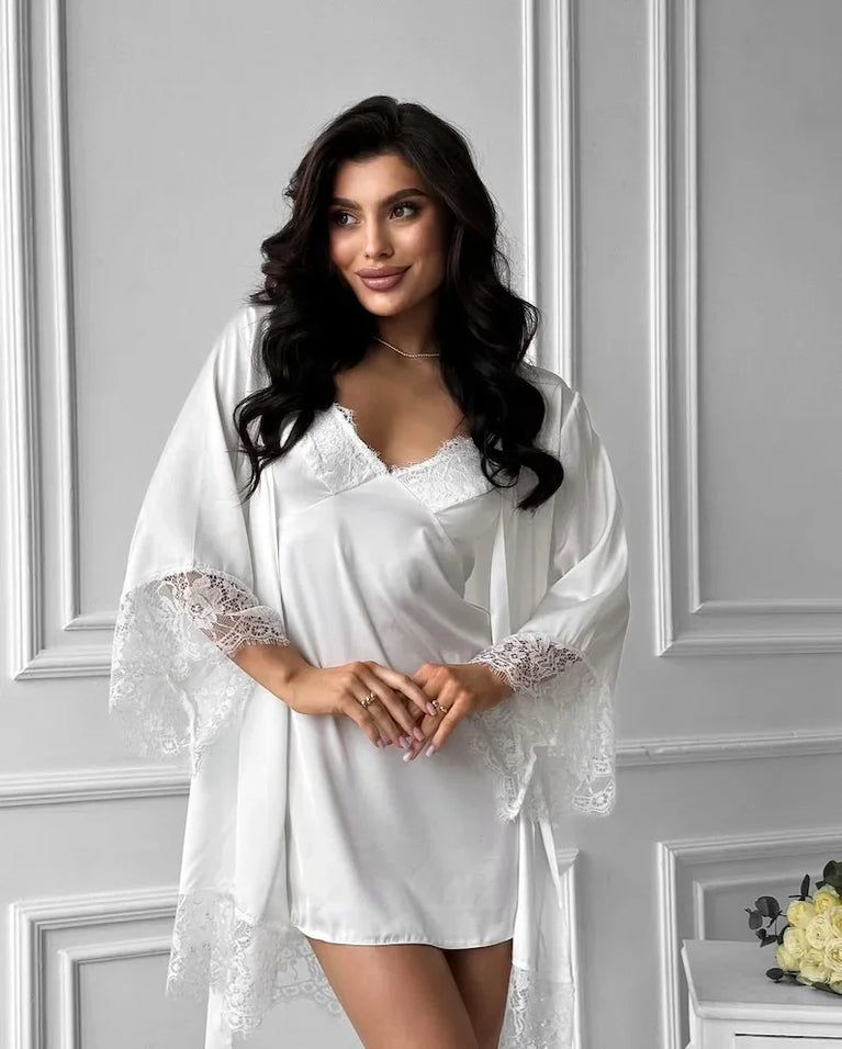 French V-Neck Satin Robe | Silky Lace-Trim Nightgown