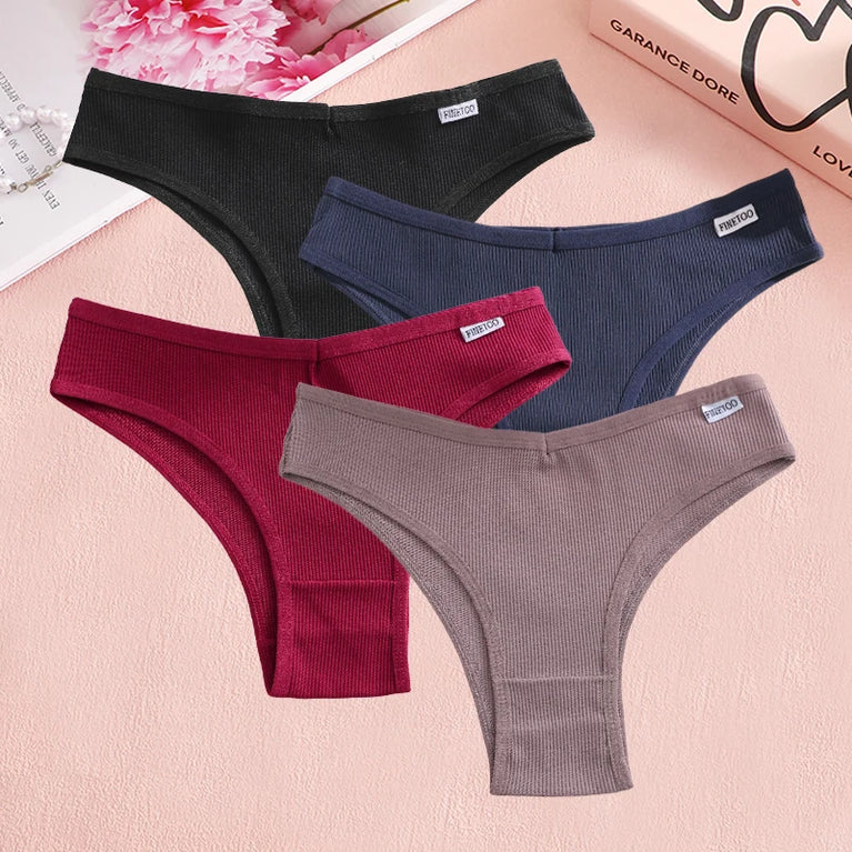4pc Cotton Ribbed Bikini | Seamless V-Waist Panties