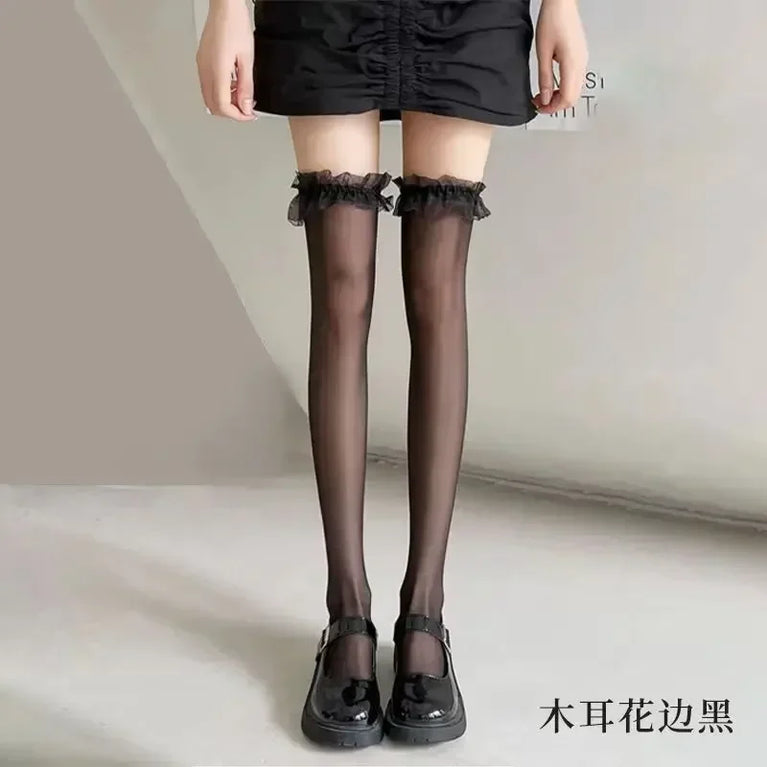 Women Over The Knee Lace Thigh High Socks Transparent Hosiery