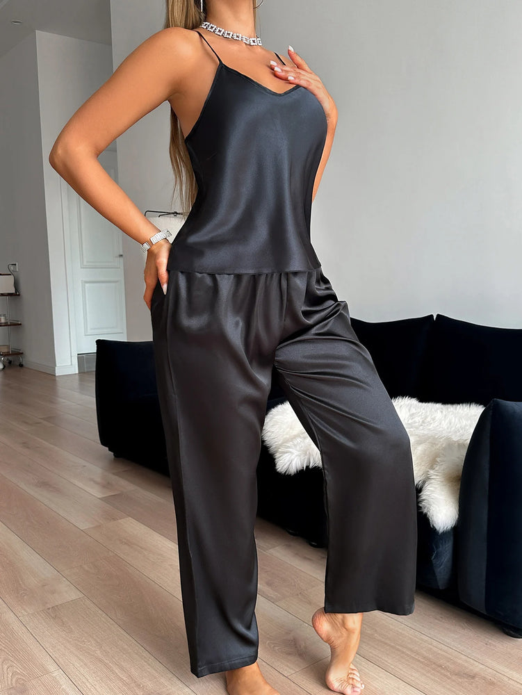 Women’s Solid V-Neck Pajama Set | Halter Cami & Trousers