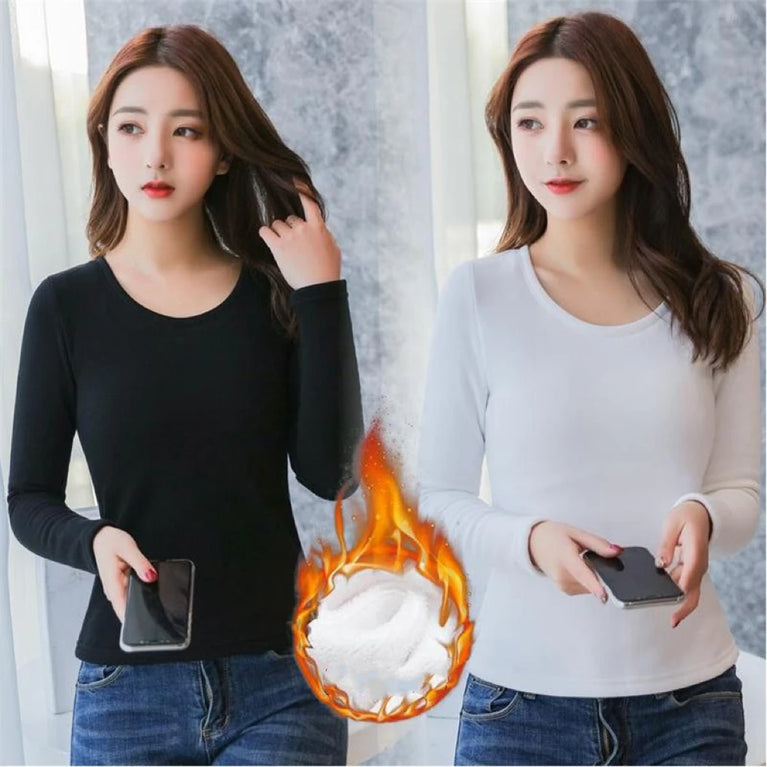 Womens Thermal Velvet T-Shirt | Warm Elastic Winter Base Layer