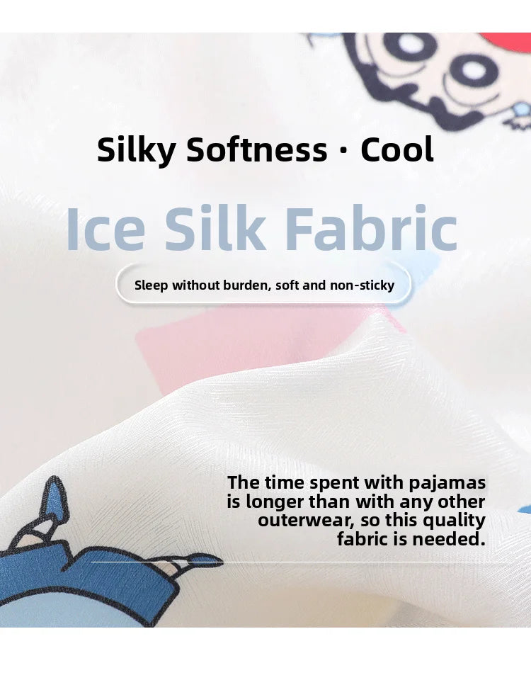Couples Ice Silk Pajama Set | Cartoon Long-Sleeve Cardigan