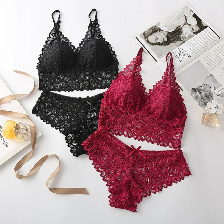 SEXY LACE WOMEN UNDERWEAR SET SEAMLESS WIRE FREE BRA AND PANTY EMBROIDERY LINGERIE SET