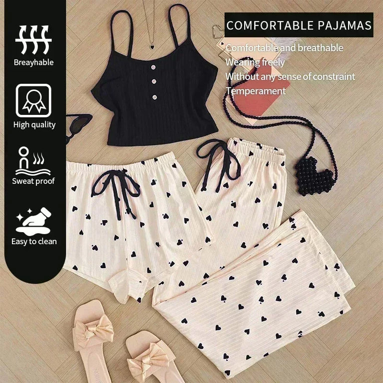 Women’s 3pc Heart Print Pajama Set | Ribbed Cami & Pants