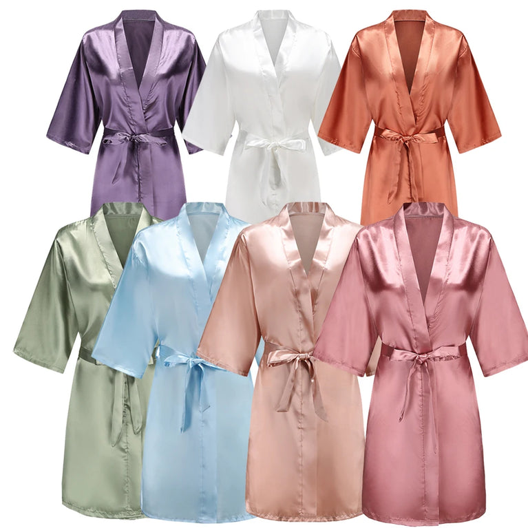 Women’s Short Silky Satin Robe – Pure Solid Color Bridesmaid & Bridal Party Bathrobe (Summer Collection)