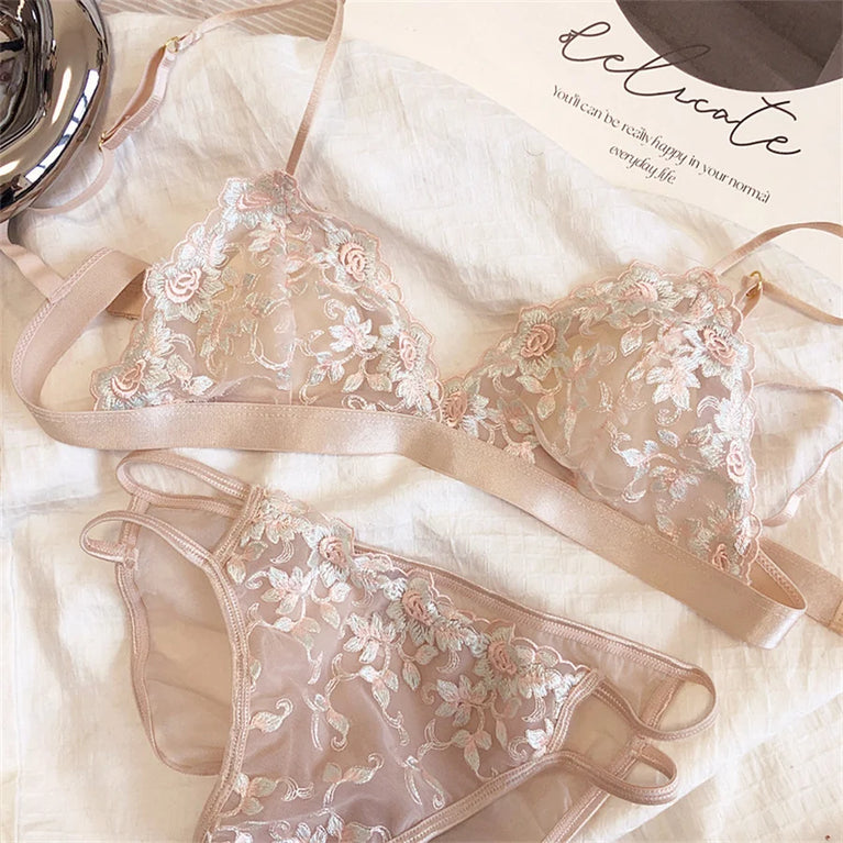 French Floral Embroidery Bra Set | Ultra-Thin Triangle Cups