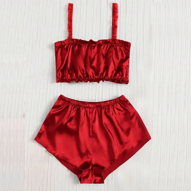 Red Satin Heart Pajama Set | Silky Tie-Knot Cami & Shorts