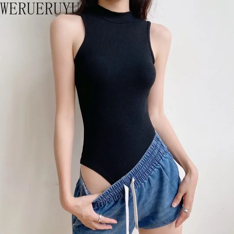 Turtleneck Sleeveless Knit Bodysuit | Summer Y2K High-Stretch Slim Fit