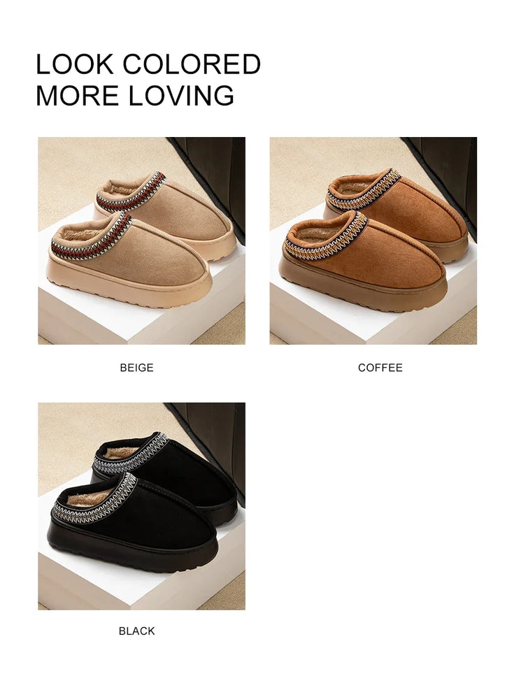 Warm Winter Plush Slippers | Embroidered Anti-Slip Home Shoes