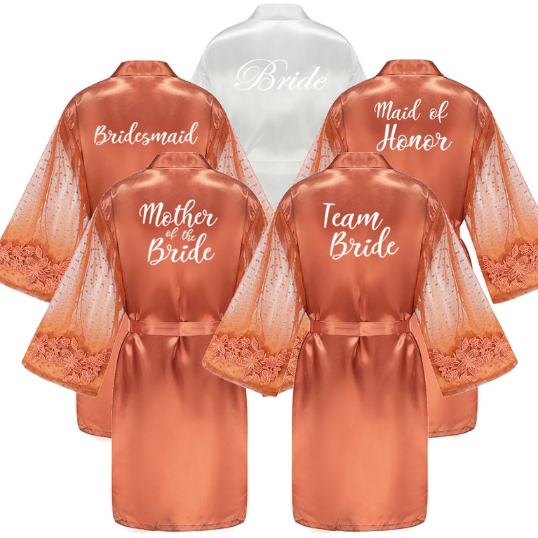 Caramel Wedding Robe | Mesh-Sleeve Satin Kimono