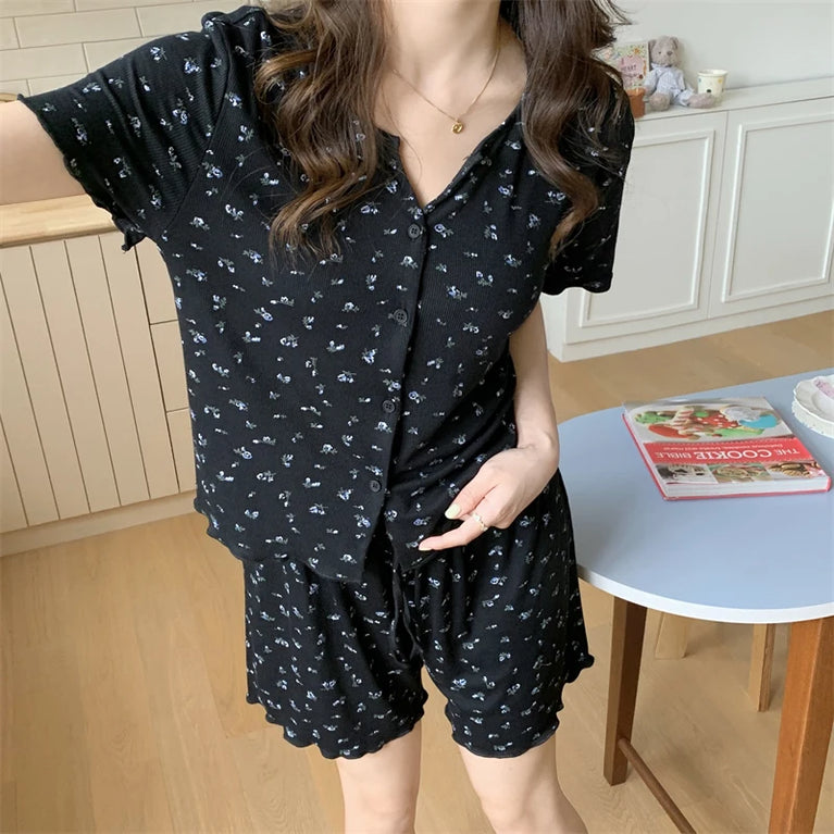 Women’s Floral Summer Pajama Set | Korean Style Home Clothes