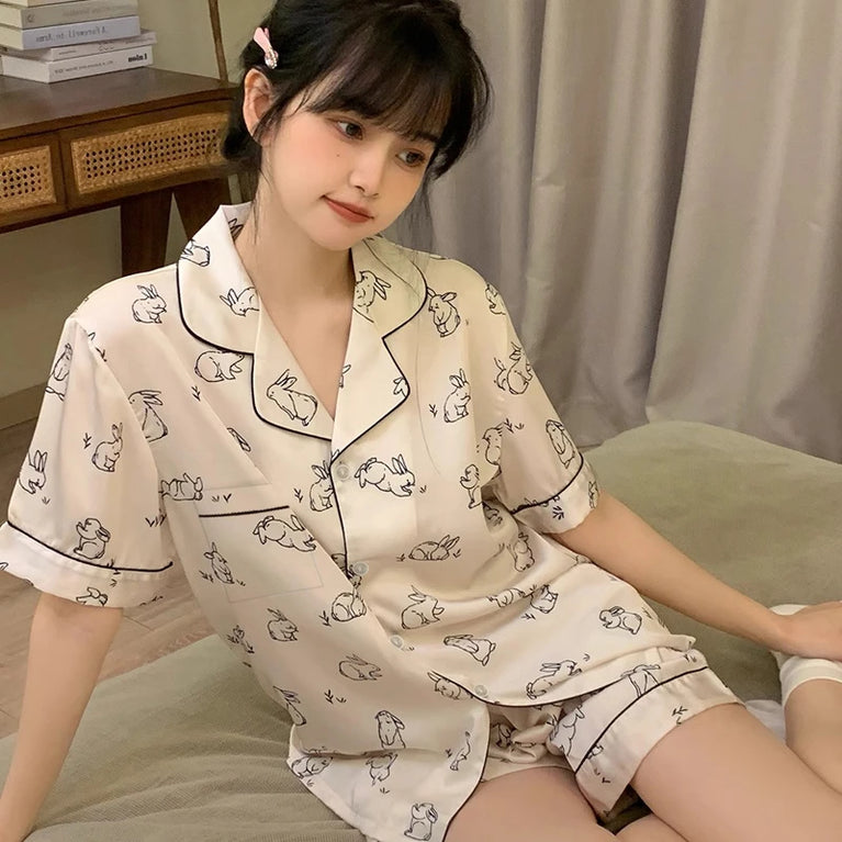 Women’s Ice Silk Sleepwear Set | Sweet Short Sleeve PJs