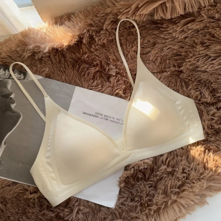 French Glossy Satin Seamless Bra | Deep-V Wireless Bralette