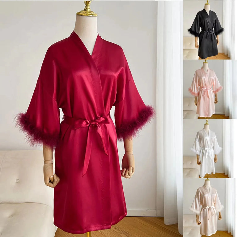 Bridal Satin Robe | Feather-Trim Wedding Kimono