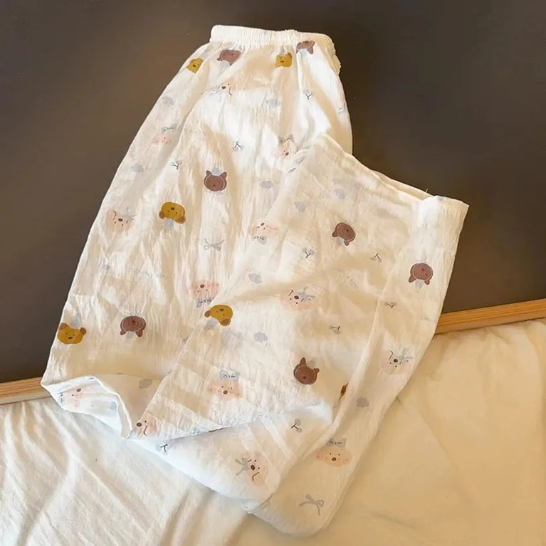 Cartoon Bear Summer Pajama Pants | Loose High Rise Trousers