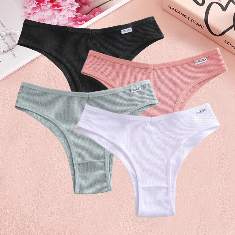 4pc Cotton Ribbed Bikini | Seamless V-Waist Panties