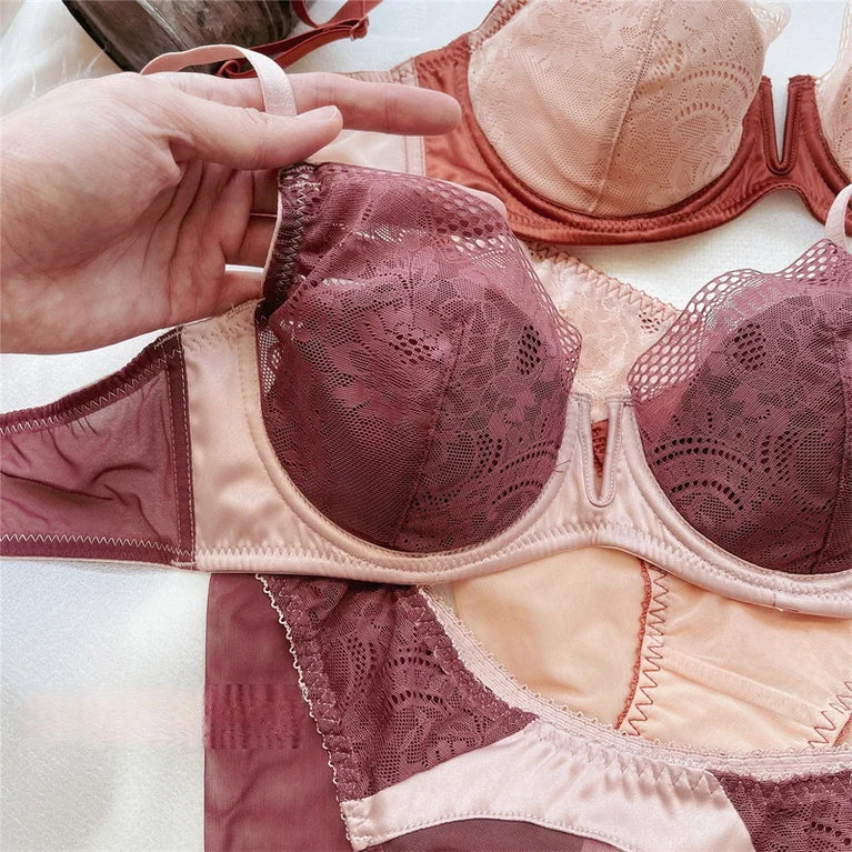 Floral Lace Plunge Push Up Bra Set – Elegant Underwire Lingerie