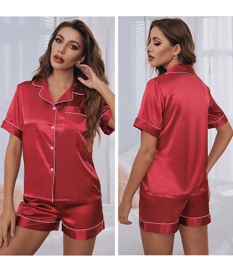 Luxury Silk Satin Pajama Set | Button-Down Short Pj Suit