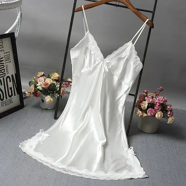Womens Satin Slip Dress Lace Nightgown Mini Sleepwear Dress