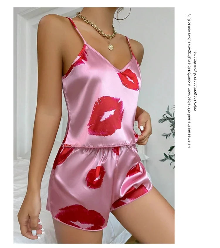 Women’s Satin Heart Pajama Set | V-Neck Cami & Silky Shorts