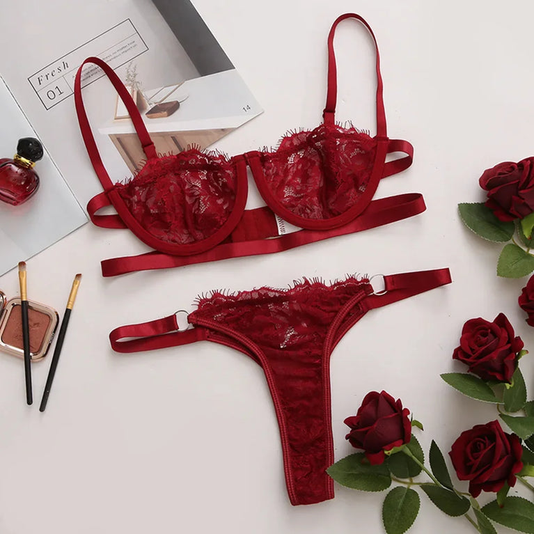 SEXY LACE TRANSPARENT WOMEN LINGERIE SET PUSH UP UNDERWIRE BRIEF SETS EROTIC BRA KIT