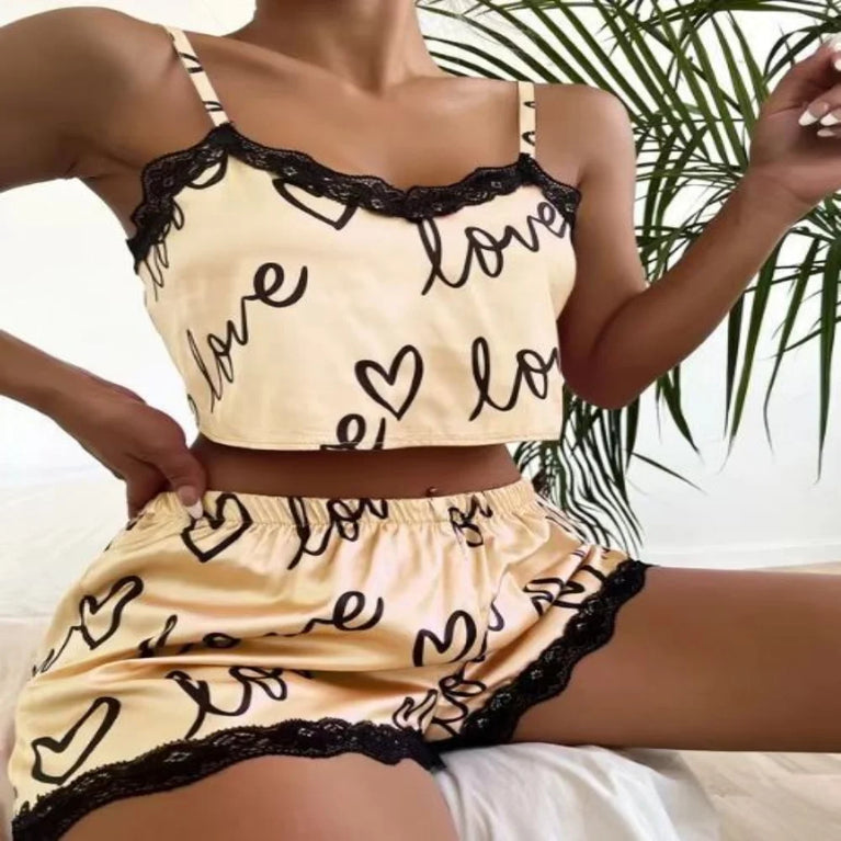 Women’s Silky Satin Pajama Set | Lace Cami & Shorts Nighty