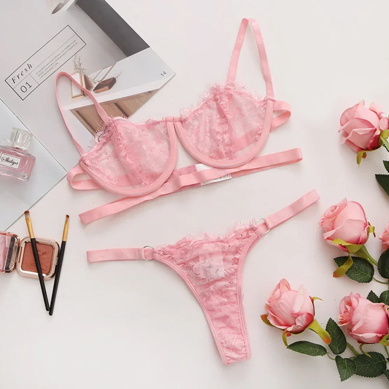 SEXY LACE TRANSPARENT WOMEN LINGERIE SET PUSH UP UNDERWIRE BRIEF SETS EROTIC BRA KIT