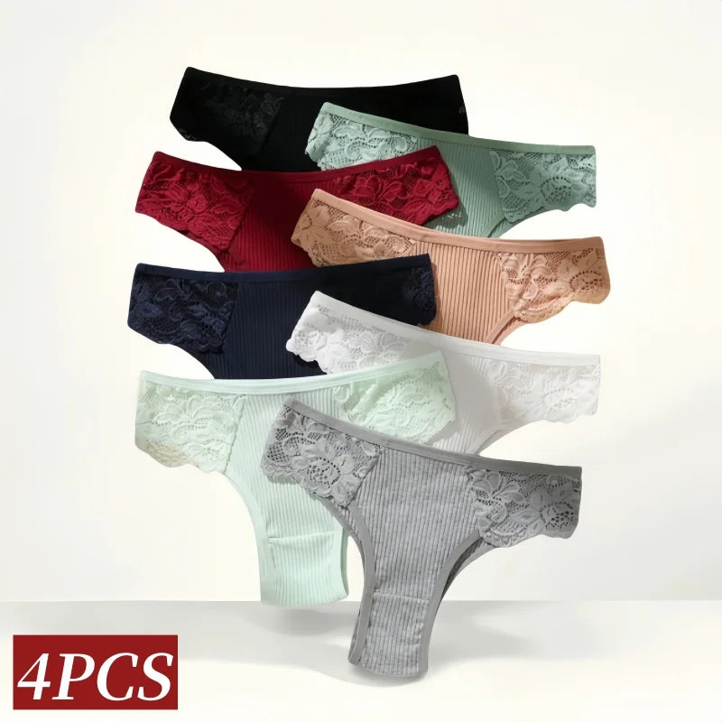 4pc Cotton Lace Set | Low-Waist Brazilian Briefs