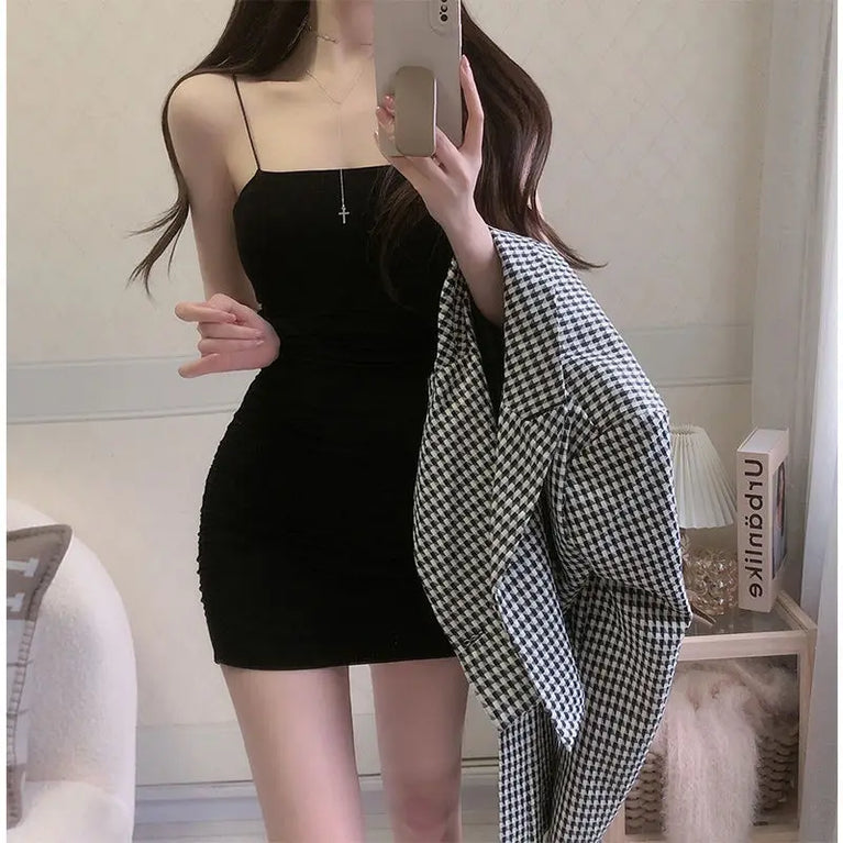 Elegant Sleeveless Slip Dress Mini Sheath Slim Summer Satin Style