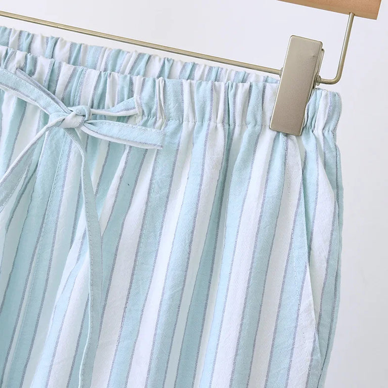 Cotton Gauze Pants | Striped Home Trousers