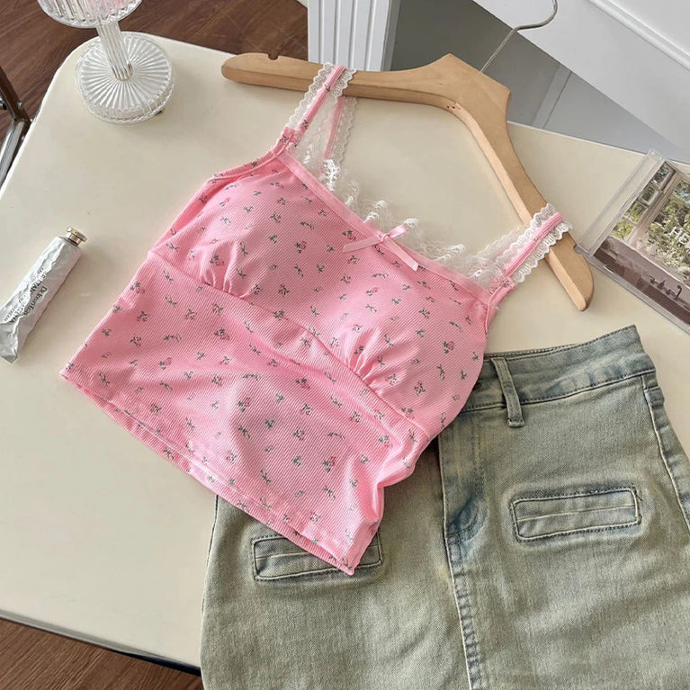 Women's Sweet Lace Floral Slim Camisole With Breast Pad