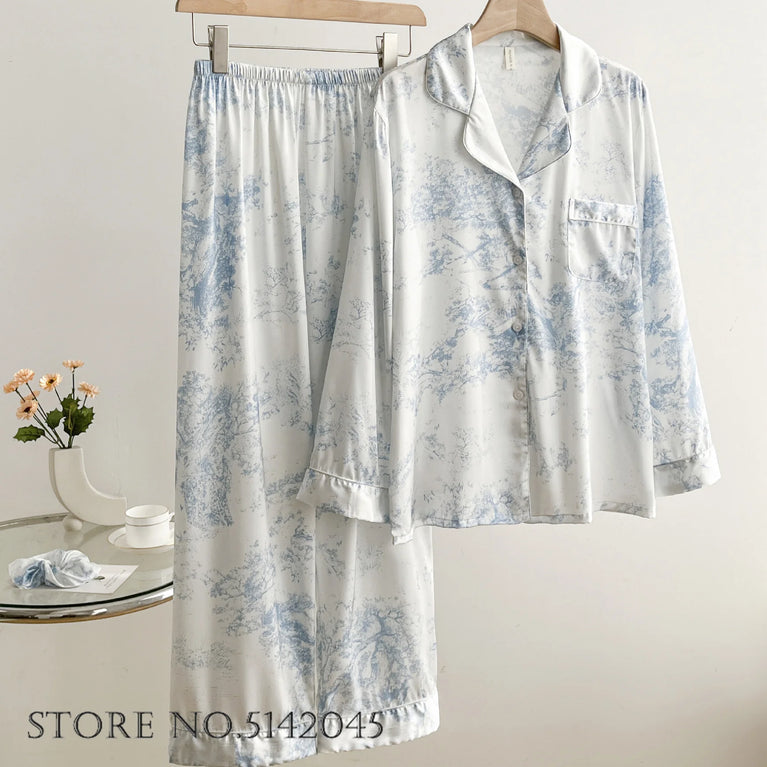 Elegant Floral Satin Pajama Set | Long Sleeve Summer Sleepwear