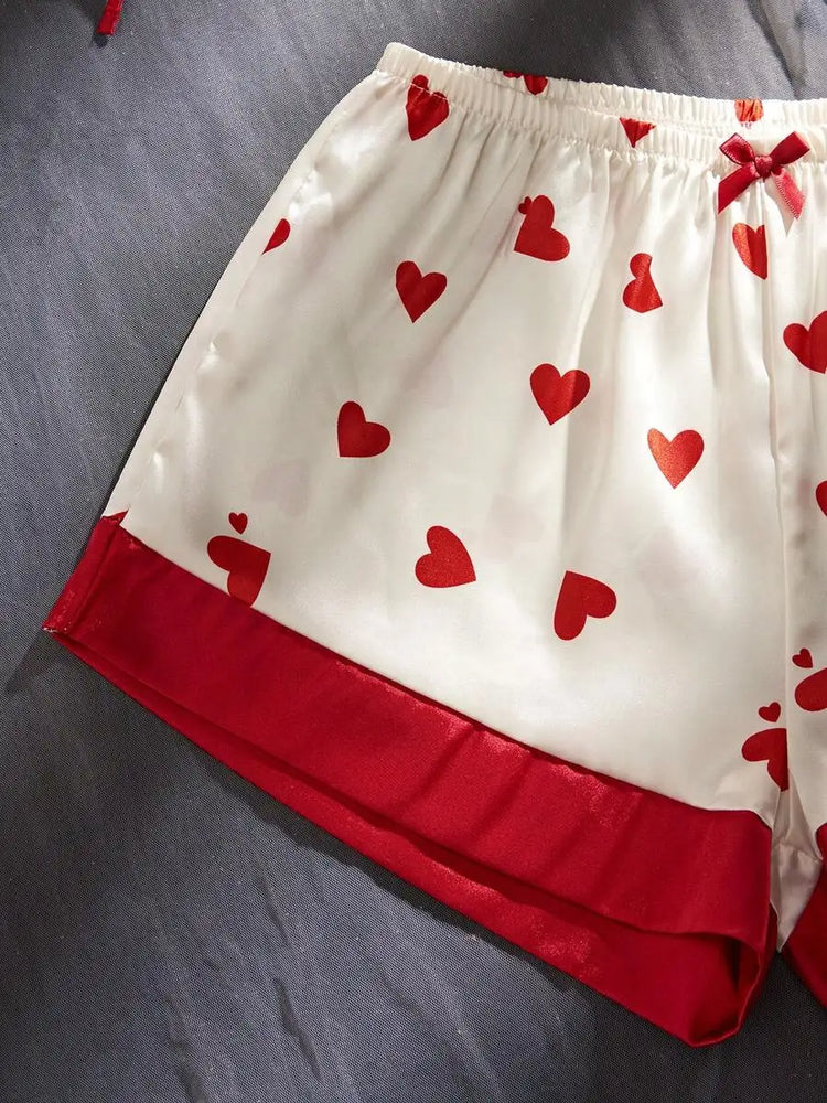 Red Satin Heart Pajama Set | Silky Tie-Knot Cami & Shorts