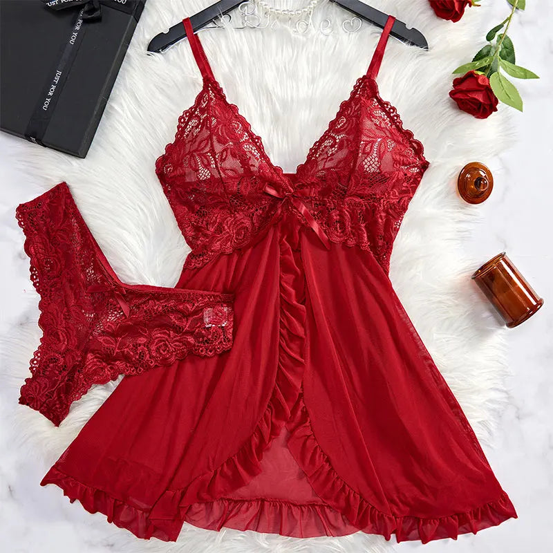 V-Neck Lace and Linen Mini Nightgown - Sexy Sleepwear for Women