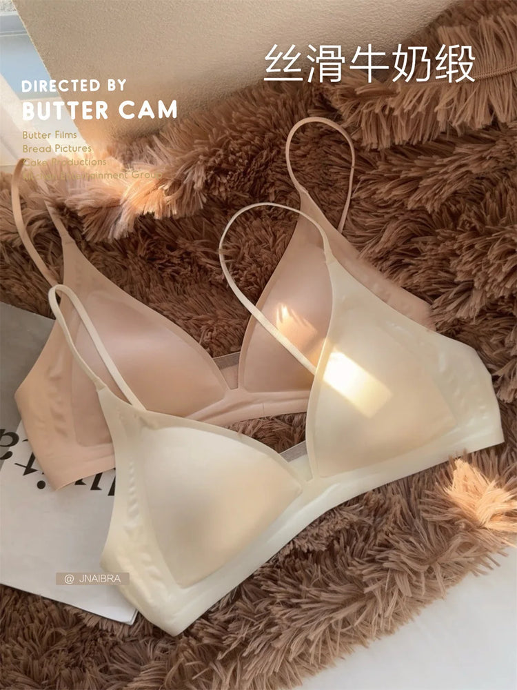 French Glossy Satin Seamless Bra | Deep-V Wireless Bralette