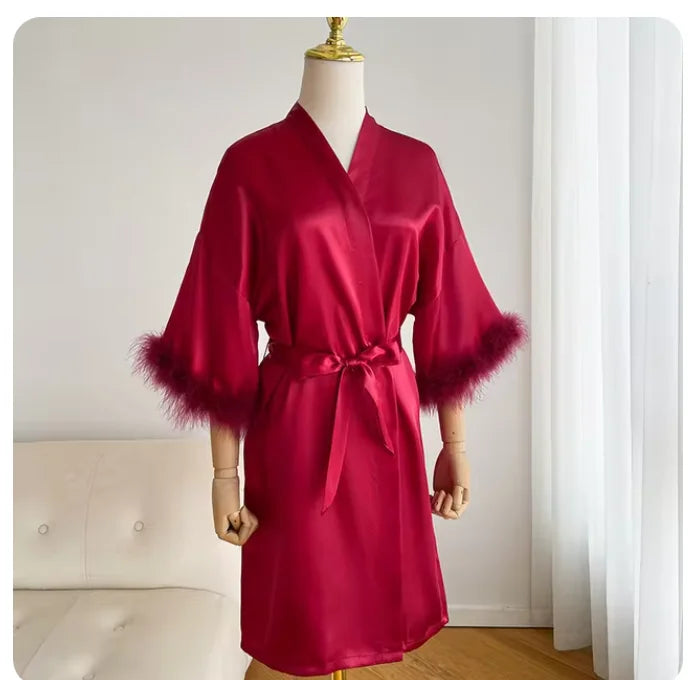 Bridal Satin Robe | Feather-Trim Wedding Kimono