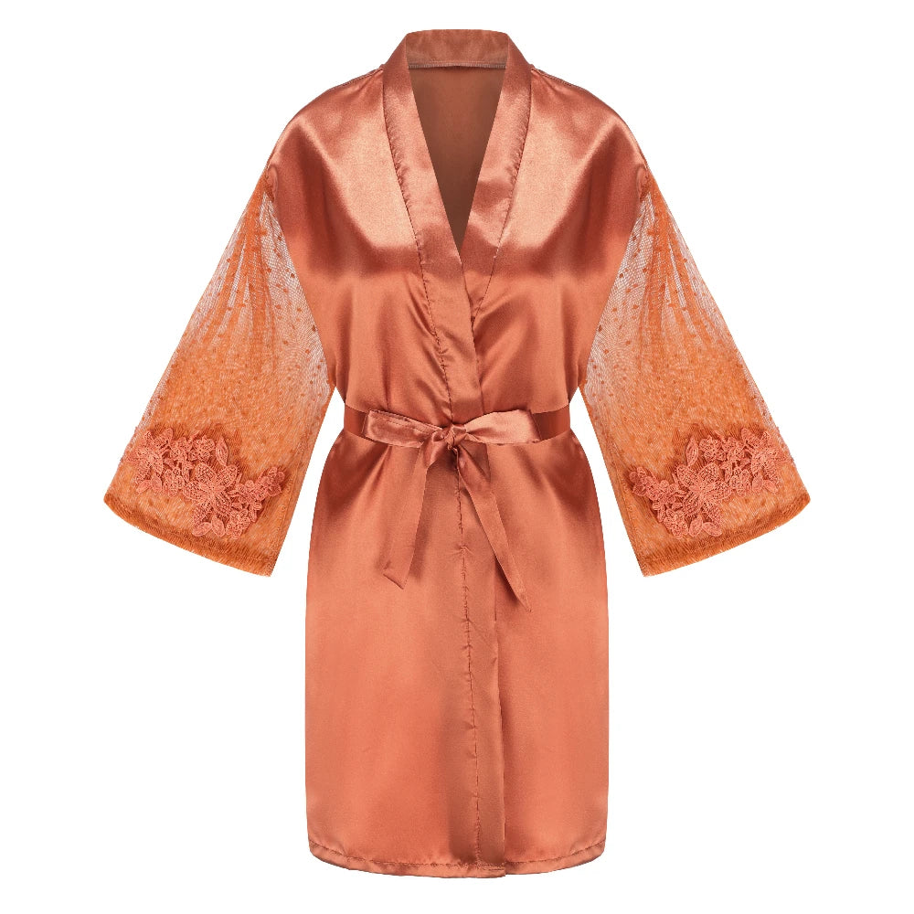 Caramel Wedding Robe | Mesh-Sleeve Satin Kimono