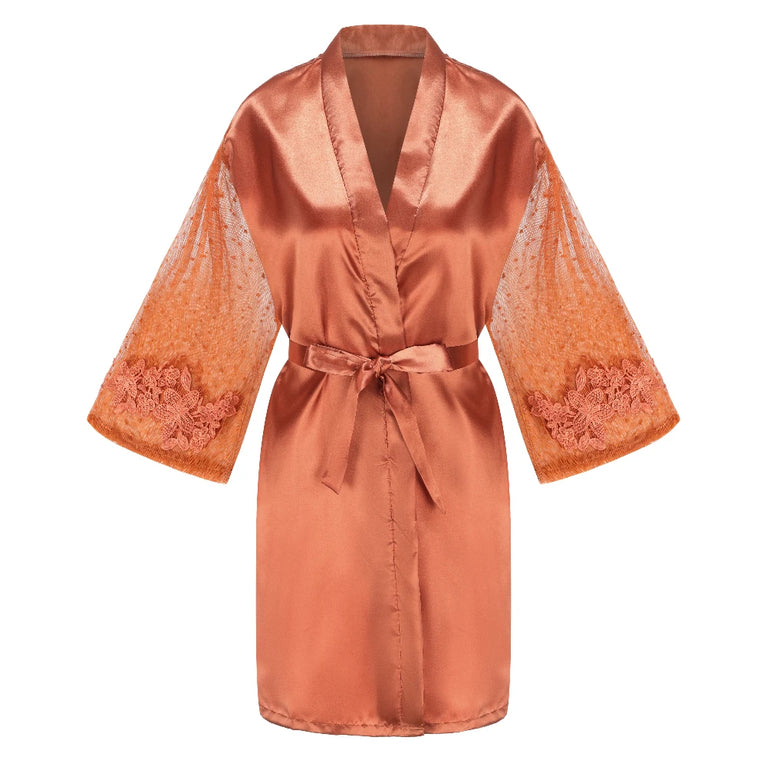 Caramel Wedding Robe | Mesh-Sleeve Satin Kimono