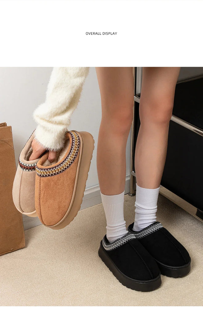 Warm Winter Plush Slippers | Embroidered Anti-Slip Home Shoes